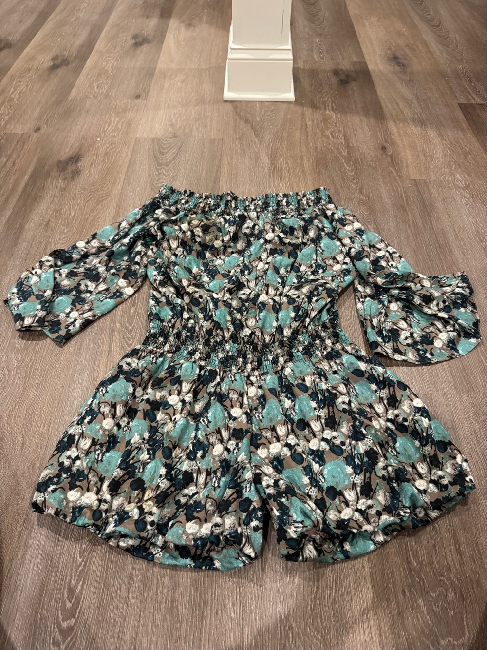 Forever 21 Teal Black Floral Off-Shoulder Romper